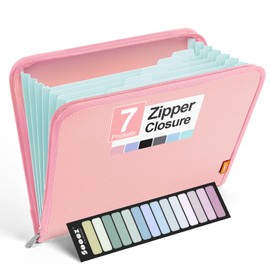 Sooez Accordion File Organizer with Safe Zipper, 7 Pockets Expanding File Folder, Heavy Duty Folder Organizer, Sleek Letter Size Accordion Folder, Portable Expandable File Folder for Documents, Pink