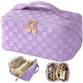 TOPALL Cosmetic Bag Travel Women's Beauty Case PU Leather Large Make Up Bag Portable Makeup Bag Toiletry Bag Organiser with Capacity for Travel Accessories Travel Essentials Women, Checkered Purple