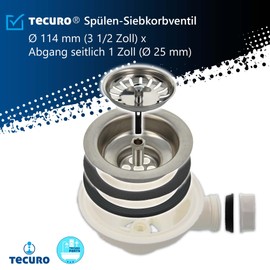 Tecuro rinse drain, rinse strainer valve, 1 1/2 inches, diameter 114 mm, with rope-rotary operation.