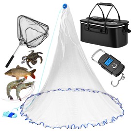 Threehoney Set of 4 Saltwater Fishing Cast Net, Foldable Fish Bucket, Folding Fishing Landing Net, and 110lb Digital Scale, 6 Gallon Live Fish Bait Bucket(Black,4ft)