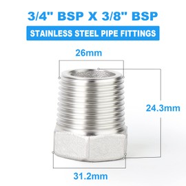 ERGAOBOY 2 Pcs 3/4" Male to 3/8" Female BSP Pipe Adapter Fitting 304 Stainless Steel Reducer Hex Bushing