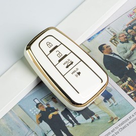 SK CUSTOM White TPU Gold Edge Smart Key Fob Case Protective Cover Compatible with Toyota Avalon Camry C-HR Corolla Prius Prime RAV4 4 Button Keyless Car Remote Accessory