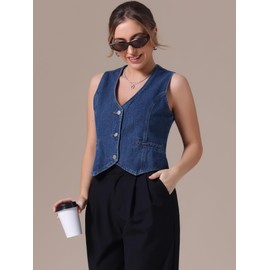 CIMUK Women's Denim Vest V Neck Button Down Sleeveless Waistcoat Vest Top Western Outfits Casual Jean Vests Large Dark Blue