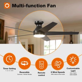 addlon Ceiling Fans with Lights, 52 inch Low Profile Ceiling Fan with Light and Remote Control, Flush Mount, Reversible, 3CCT, Dimmable, Noiseless, Black Ceiling Fan for Bedroom, Indoor/Outdoor Use