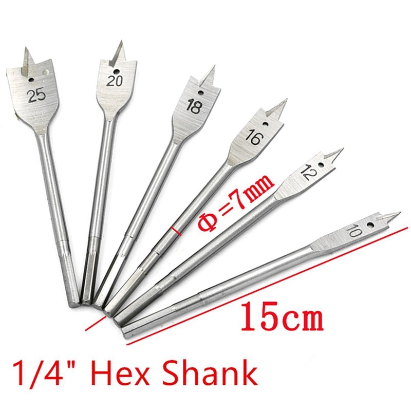 Aussel 6PCS Wood Flat Drill Bits Set 10,12,16,18,20&25mm Woodworking Hole