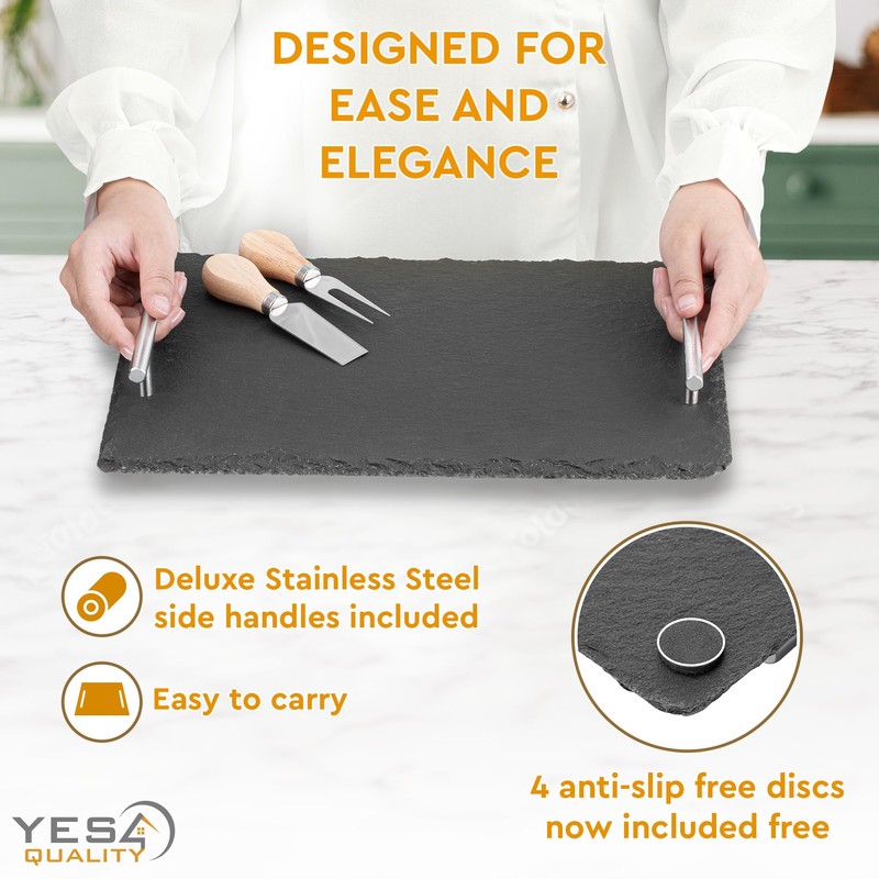 Slate Cheese Board Set w/Easy Carry Handles (14” x 10”,