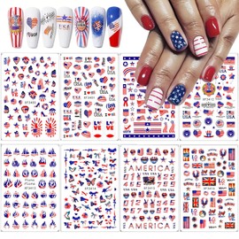 8 Sheets 4th of July Nail Art Stickers 3D Patriotic Nail Decals USA Flag Independence Day Nail Stickers for Nail Art Decorations Self-Adhesive American Flag Nail Art Design Supplies for Women Girls