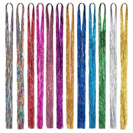 TRKETK Pack of 12 Colourful Hair Extensions, 37 Inch Glitter Hair Extensions, Fairy Hair, 12 Colours, Tinsel Hair Extension, 1200 Strands, Heat Resistant for Women, Girls, Party, Cosplay Accessories