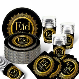 Bdecoll 24 Guests 96 Pieces Black Gold Ramadan Eid Mubarak Party Tableware, Ramadan Festival Theme Tableware Plates, Cups, Napkins, Purple and Gold Star Moon Motif, Perfect for Eid Ramadan Party