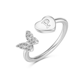 INENIMARTJ Initial Rings for Women Stackable Butterfly Initial Letter Rings Adjustable Crystal Inlaid P Capital Alphabet Ring S925 Silver Initial Jewelry