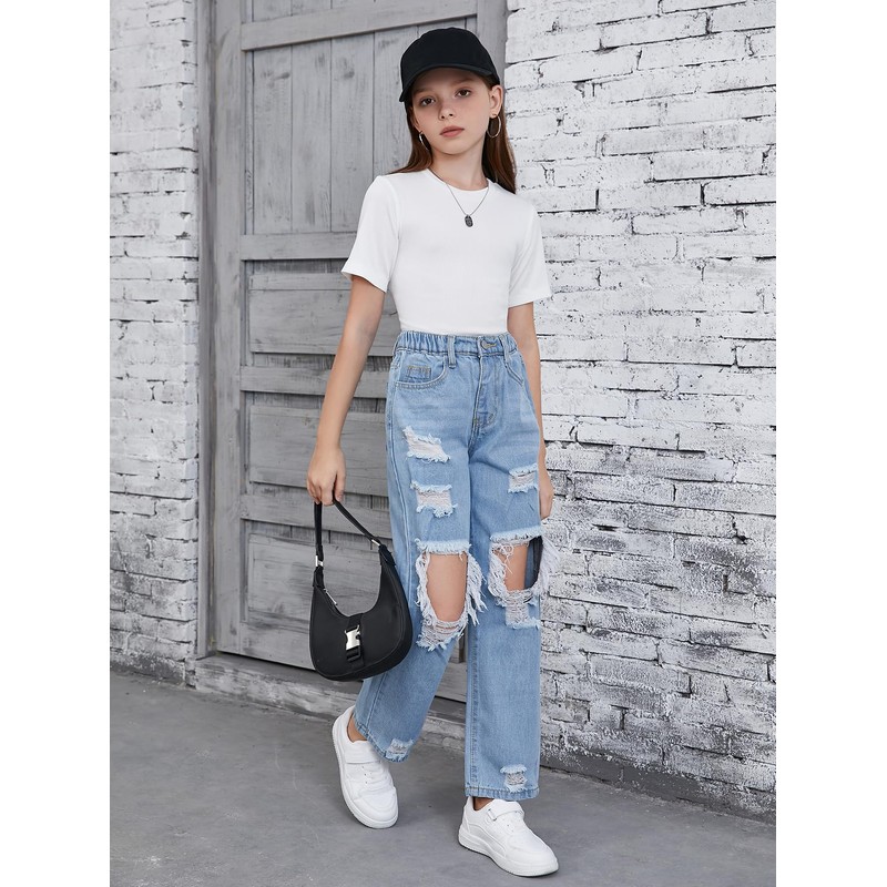 Floerns Girls Elastic Waist Distressed Ripped Straight Leg Denim Jeans
