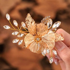 Ushiny Flower Hair Claw Gold Crystal Hair Accessories Bridal Hair Claw Clamp for Women and Girls
