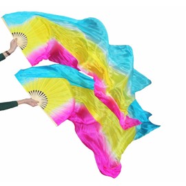 Nimiman Women 1 Pair (Left+Right) Silk Belly Dance Fans Veil Belly Dancing Long Folding Fans Length 180 cm Width 90 cm (Vertical Turquoise Yellow Rose)