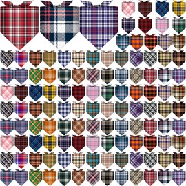 Amylove 120 Pcs Christmas Dog Bandanas Bulk Thanksgiving Day Holiday Triangle Dog Pack Puppy Kerchief Bandana Adjustable Pet Scarf for Pet Cat Costume Accessories Decor(Plaid)