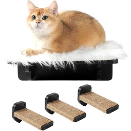 COOLEX Cat Wall Shelves, Cat Shelves and Perches for Wall, Cat Wall Furniture, Cat Wall Mount Climbing Shelf with 3 Steps Scratch Post, Cat Bed Hammock with Plush Covered for Indoor Cats (Black)