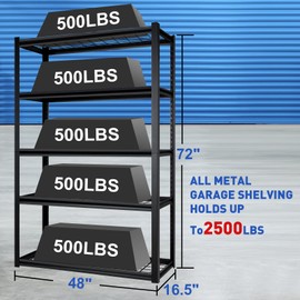 PACHIRA E-Commerce Garage Shelving 2500LBS Heavy Duty 48" W x 16.5" D x 72" H, 5 Tier Adjustable Storage Shelves Metal Shelving Garage Utility Rack for Warehouse Garage Basement Pantry