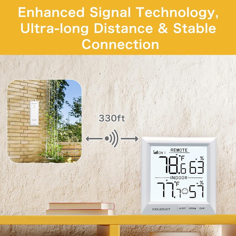 KIDLEDUCT Indoor Outdoor Thermometer Wireless Battery Powered, High Precision Inside