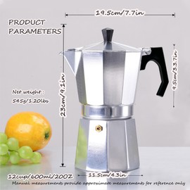 Vaolvpant 12 Cup Aluminum Moka Pot Classic Stovetop Espresso Coffee Maker Coffeemaker Percolator Moka Express Classic Cafe Maker for Italian and Cuban Café Brewing Silver 600ML 20oz