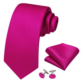 Ailisus Man Tie Set Hot Pink Solid Necktie Pocket Square Cufflink and Tie Clip Brooch Wedding Formal Party