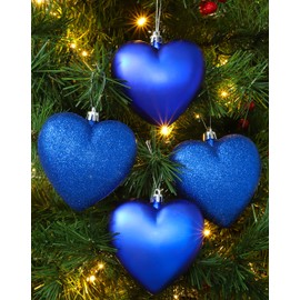 Christmas Concepts® 4-100mm Heart Shaped Baubles - Matte & Glitter Design - Christmas Decoration (Royal Blue)