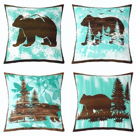 Set of 4 Vintage Bear Throw Pillow Covers,Cabin Deer Hunting Cushion Case for Home Living Room Decor, Reversible Farmhouse Animals Blue White Decorative Throw Cushion Case, 16x16 Inches