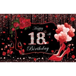 Tbecor Happy Birthday Banner Backdrop Extra Large (185 x110cm) Romantic Rose Theme Birthday Party Background Decorations Supplies for Boys Girls Indoor (Red 18th)