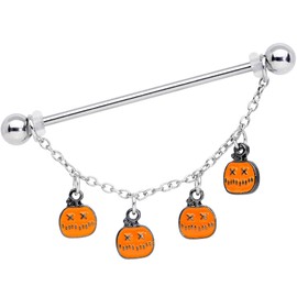 Body Candy Womens 14G Steel Helix Cartilage Earring Jack O Lantern Pumpkin Dangle Industrial Barbell 1 1/2"