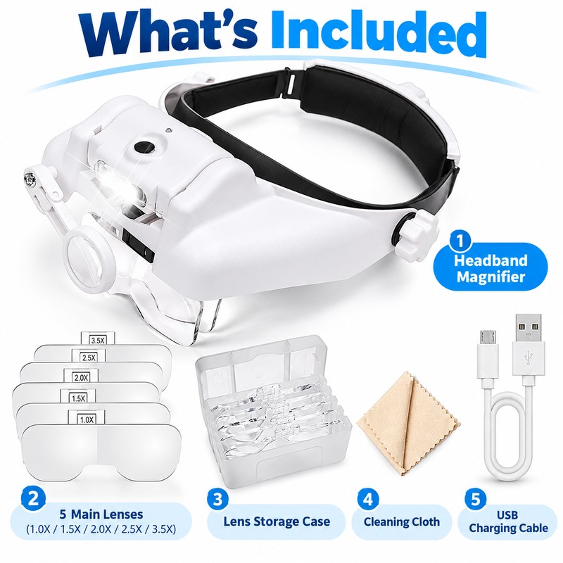 Rechargeable LED Headband Magnifier for Precision Work – Interchangeable Lenses