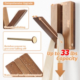 KINGSOW 2Pack Wooden Coat Hooks: Folding Rustic Wall Mounted Hook Hanging Hats Towels Bags for Compact Hallway