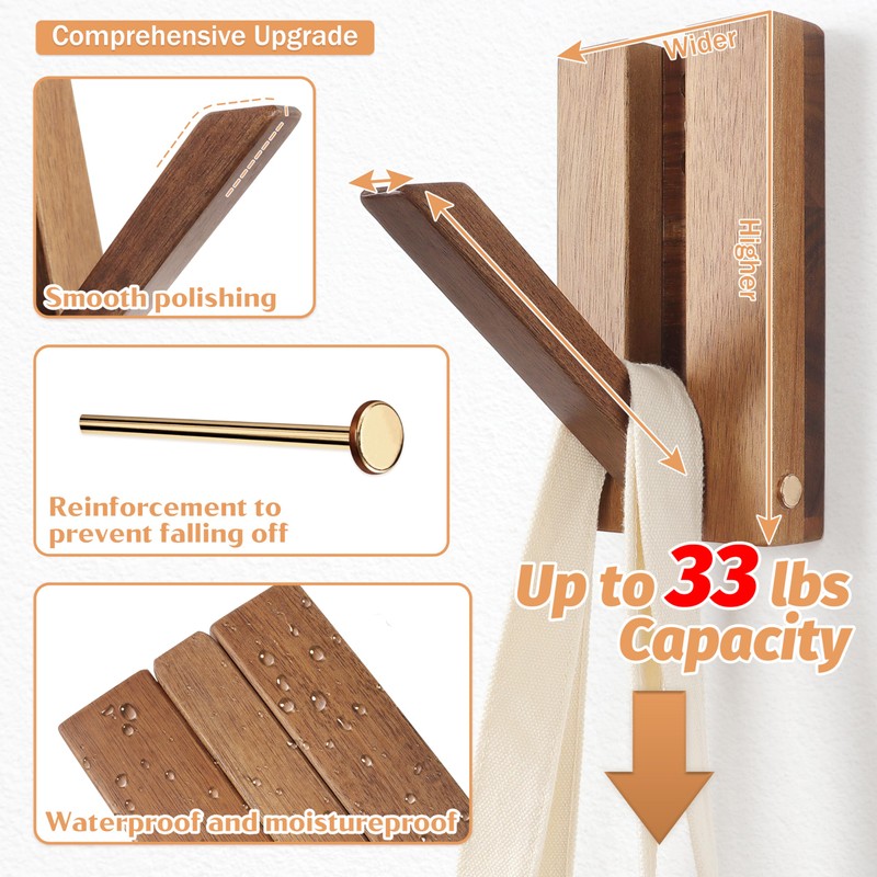 KINGSOW 2Pack Wooden Coat Hooks: Folding Rustic Wall Mounted Hook
