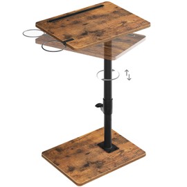 HOOBRO TV Tray Table, 360° Swivel Side Table Sofa Armrest Tray for Couch, Height Adjustable C Shaped End Table, Coffee Snack Desk with Cup Holder, for Small Spaces, Rustic Brown and Black BF234BZ01