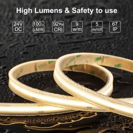 LLTOP COB LED Strip Lights Waterproof IP67 DC24v Warm White 3000K 16.4ft/5m High CRI 92Ra+ Outdoor LED Tape Lighting DIY Cuttable for Bedroom Kitchen Cabinet Shelf (Power Supply Not Included)