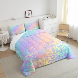 Rainbow Leopard Comforter for Boys Kids Girls Girly Colorful Glitter Comforter Set Full Size Home Decor Soft Cheetah Print Bedding Set Animal Teens Bedroom Down Duvet,1 Comforter with 2 Pillowcase