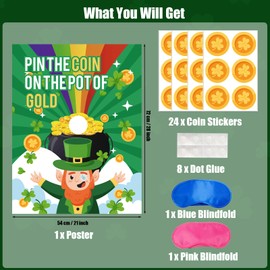 VARACL St Patrick’s Day Party Game, Pin The Coin On The Hat, Irish Party Games with 24PCS Shamrock Coins Stickers Pin The Tail St Patricks Day Games Classroom School Activities Family Party Supplies