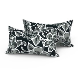LVTXIII Set of 2 Outdoor Lumbar Pillows for Patio Furniture with White Piping, 12"x20" Fade Resistant Patio Lumbar Pillows with Inserts for Home Coach Sofa Use, Flower Black