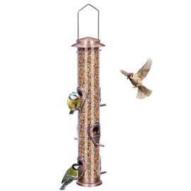 ERYTLLY Metal Bird Feeders Tube Bird Feeder for Wild Birds, 1.4mm Extra Thick Solid Tube Transparent with Steel Hanger Bird Feeders Squirrel Proof for Outside (Antique Copper-Metal 6 Feeding Ports)