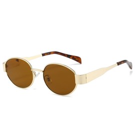 mingkeda Trendy Retro Oval Sunglasses for Women Men - Fashion Designer Sun Glasses - Rectangle Metal Frame Shades (Shiny Gold/Brown)
