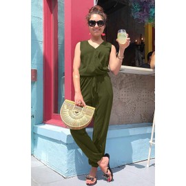 CLOUSPO Jumpsuit for Women Summer Elegant Playsuit Casual Jumpsuit Sleeveless Romper Adjustable Waistband V-Neck with Pockets, Green B, M