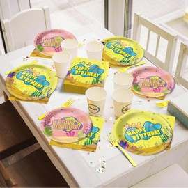 Yellow Cartoon Birthday Party Tableware Set – Ocean Theme Plates, Napkins, Forks, Disposable Party Decorations for Kids Birthday, Sea Underwater Theme Supplies for 24 Guests