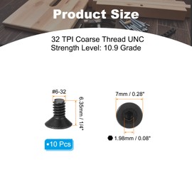 PATIKIL #6-32 x 1/4 Inch Flat Head Socket Cap Screws, 10 Pack Flat Countersunk Bolts Hex Socket Drive Machine Screws Full Thread Coarse Thread UNC Black Oxide Grade 10.9