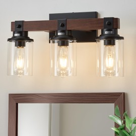 Aixialin Farmhouse Wood Vanity Light for Bathroom, 3-Light Wood Bathroom Vanity Light Fixtures Over Mirror, Rustic Sconces Wall Lighting with Metal Lampshade for Bathroom, Bedroom, Hallway