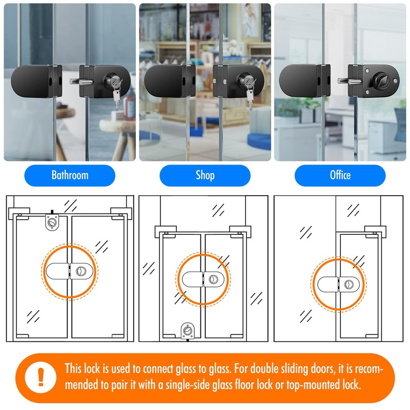 Ranbo Frameless Double-Sided Glass Door Lock,Clamp-On No-Drill,304 Stainless Steel,for 3/8"–1/2"(10-12mm)
