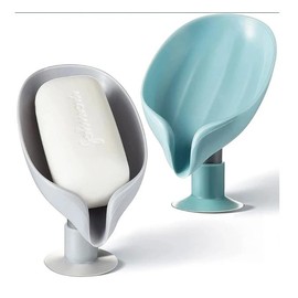 2 Pack Soap Holder Leaf-Shape Self Draining Soap Dish Holder, Not Punched Easy Clean Bar Soap Holder, with Suction Cup Soap Dish Suitable for Shower, Bathroom, Kitchen Sink (Grey + Green)