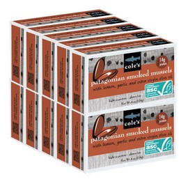 Cole’s Patagonian Smoked Mussels Canned with Lemon & Garlic in Extra Virgin Olive Oil | 4oz Hand-Packed Tinned Mussels | 14g Protein |10 pack