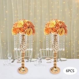 Crystal Flower Vase Stand, Gold Flower Chandelier Metal Candle Holder, 19.3" Tall Wedding Centerpieces for Reception Table Party Decorations - 6 Pcs