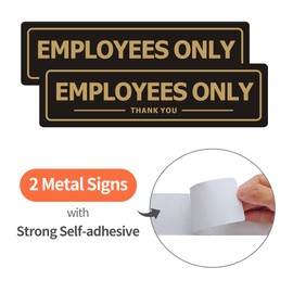 Employees Only Sign - 2 Pack Office Door Signs for Business Store Wall - Aluminum Metal with Strong Self Adhesive (Black/Gold, 9" x 3")