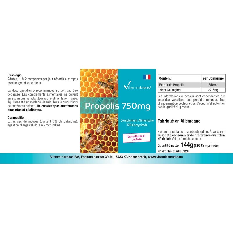 Vitamintrend Propolis Extract 750 mg, 120 Tablets, with Galangin, Dietary