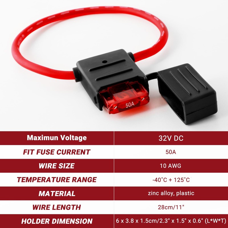 10 Gauge Inline Fuse Holder: 12V-32V with 50 AMP Maxi