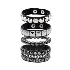 MILAKOO Punk Rivet Bracelet Wide PU Leather Bracelet with Chains Black Leather Bracelets Set, Faux Leather