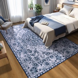 YJ.GWL Soft Large Area Rug 5x7, Boho Vintage Washable Living Room Bedroom Rug, Non-Slip Accent Rugs for Dining Room Office Indoor Home Decor, Low-Pile Colorful Print Rug Floor Carpet, Blue